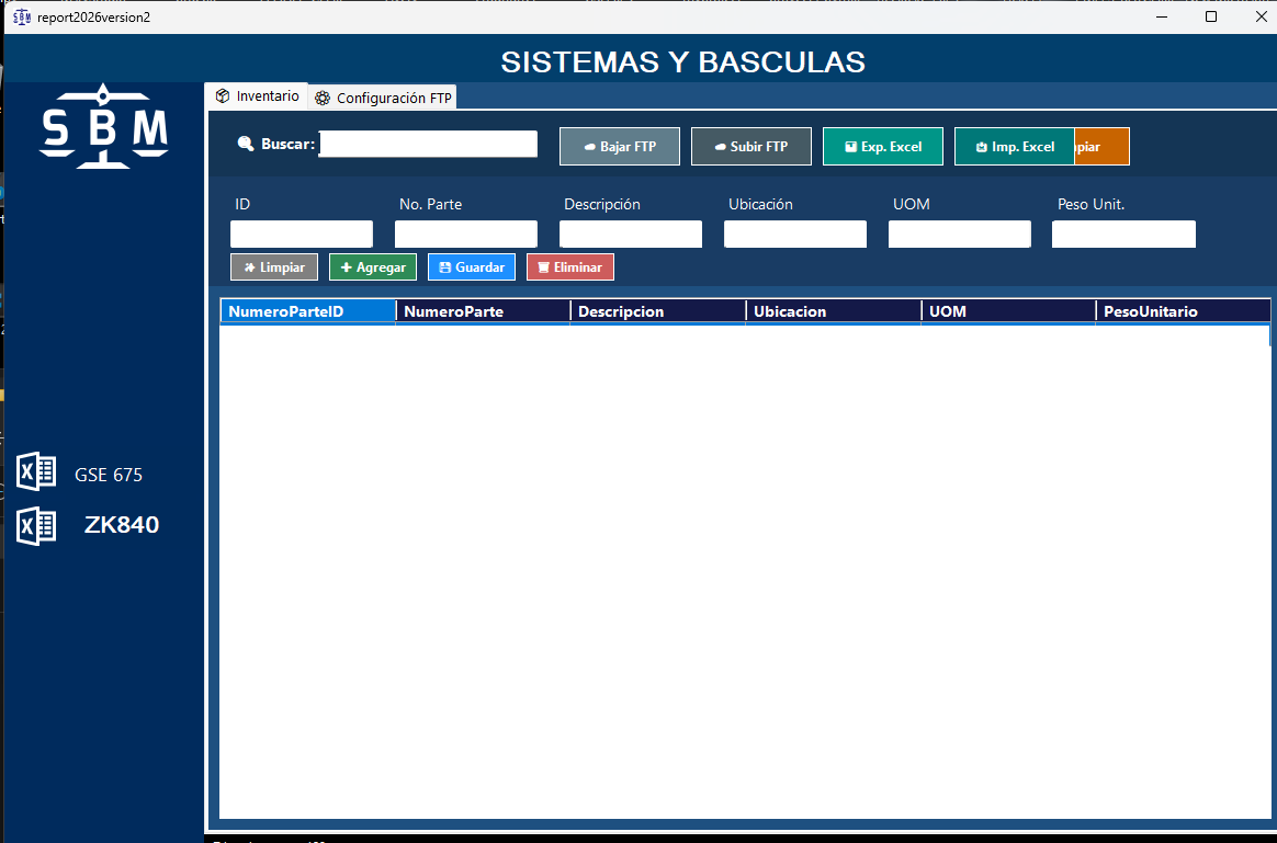 Sistema de inventario SBM con sincronización FTP y Excel